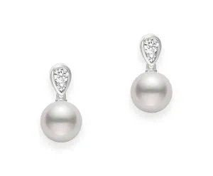 0.18Ct Diamond and Akoya A  7mm Pearl Drop Earrings in 18k White Gold