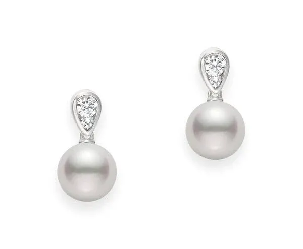 0.18Ct Diamond and Akoya A  7mm Pearl Drop Earrings in 18k White Gold