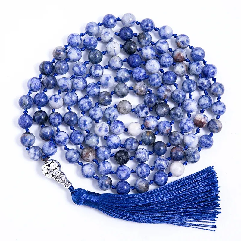 108 Japamala Knotted Necklace 8mm Natural White Dot Blue Stone Beaded Meditation