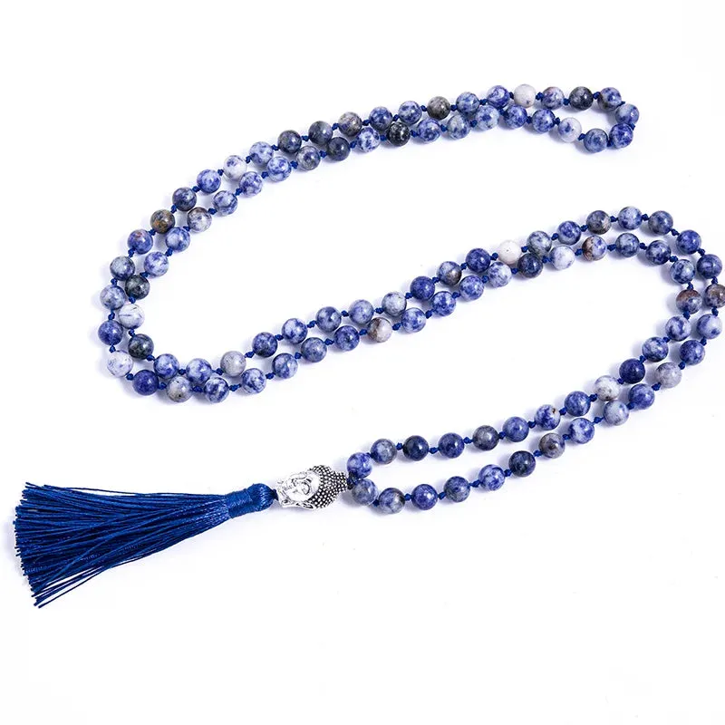 108 Japamala Knotted Necklace 8mm Natural White Dot Blue Stone Beaded Meditation
