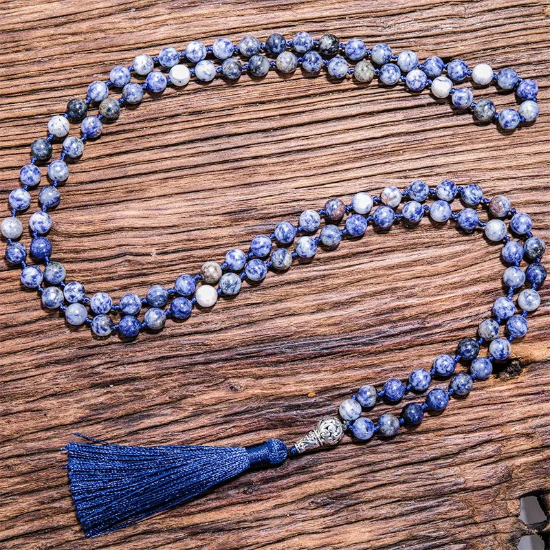 108 Japamala Knotted Necklace 8mm Natural White Dot Blue Stone Beaded Meditation