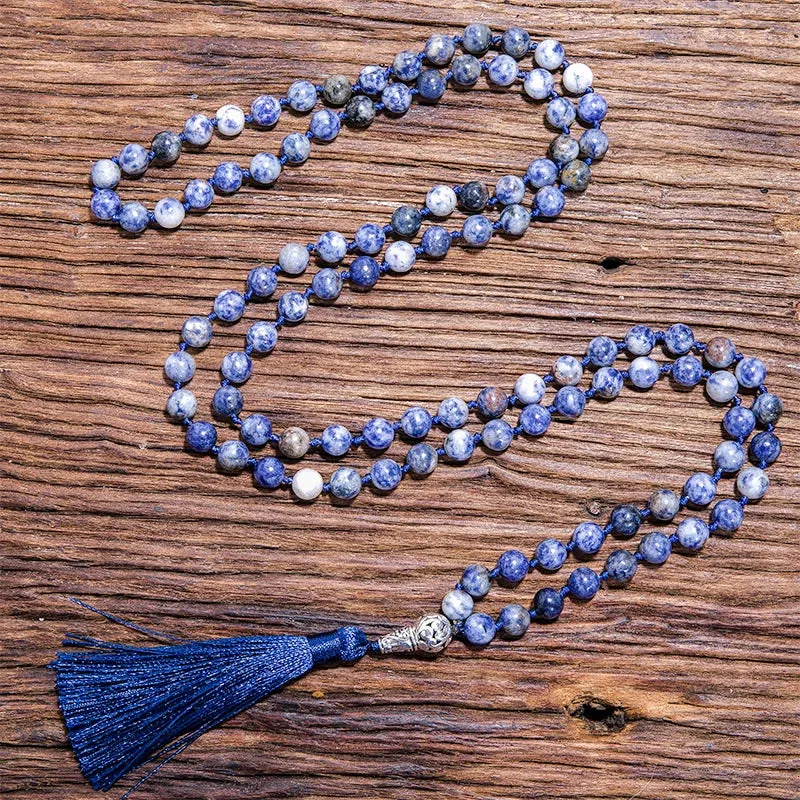 108 Japamala Knotted Necklace 8mm Natural White Dot Blue Stone Beaded Meditation