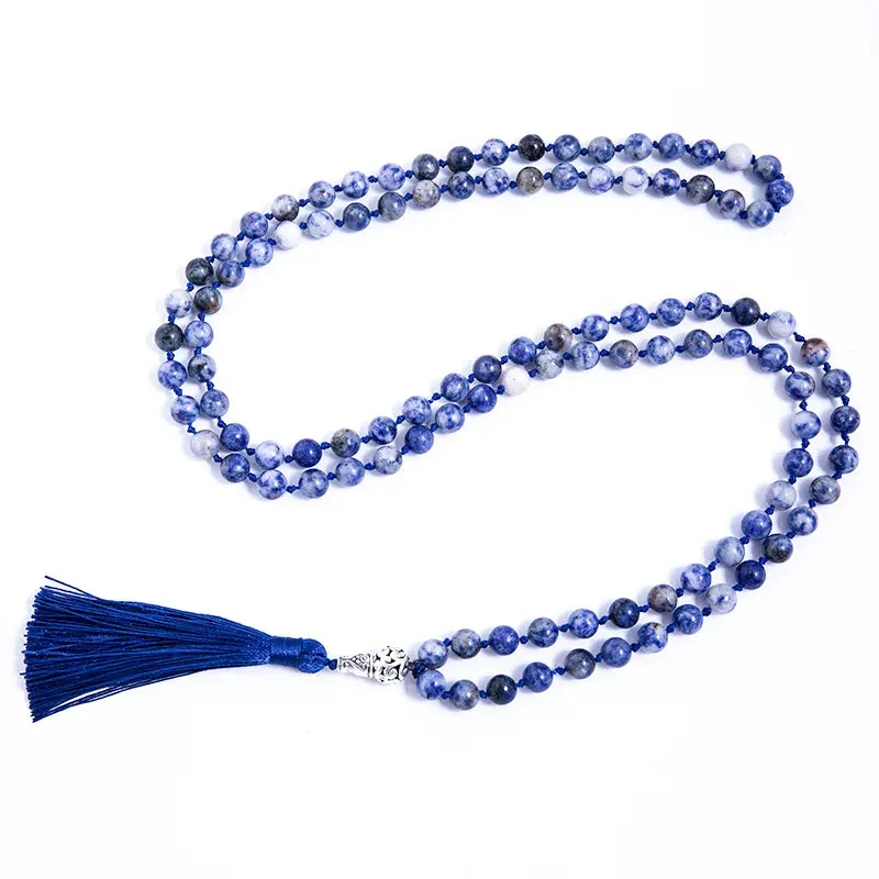 108 Japamala Knotted Necklace 8mm Natural White Dot Blue Stone Beaded Meditation