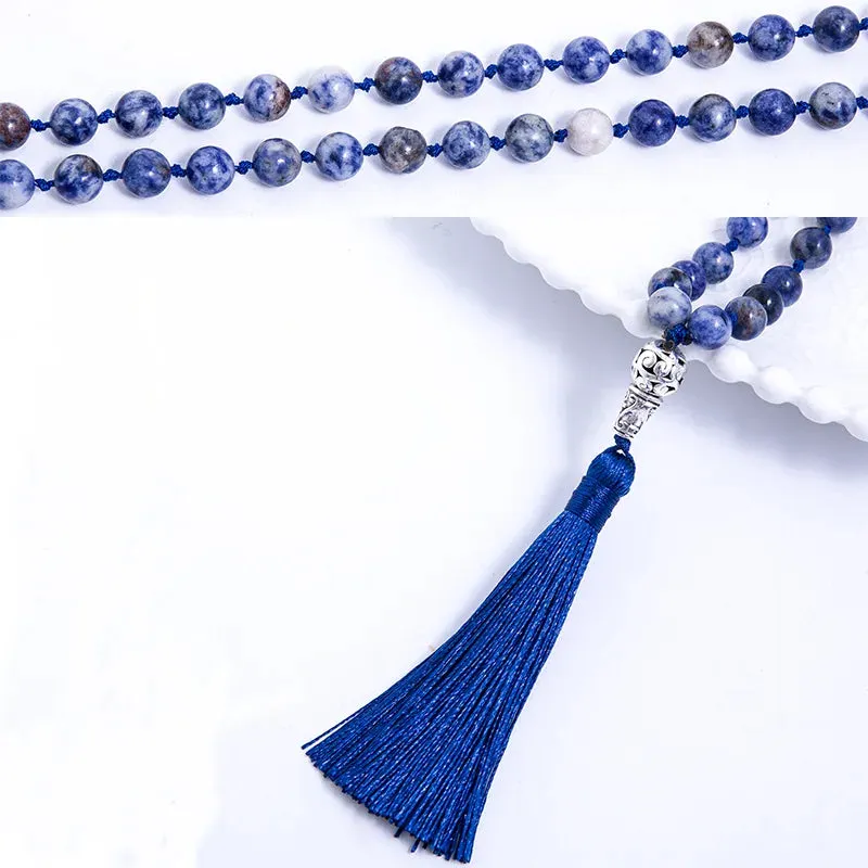 108 Japamala Knotted Necklace 8mm Natural White Dot Blue Stone Beaded Meditation