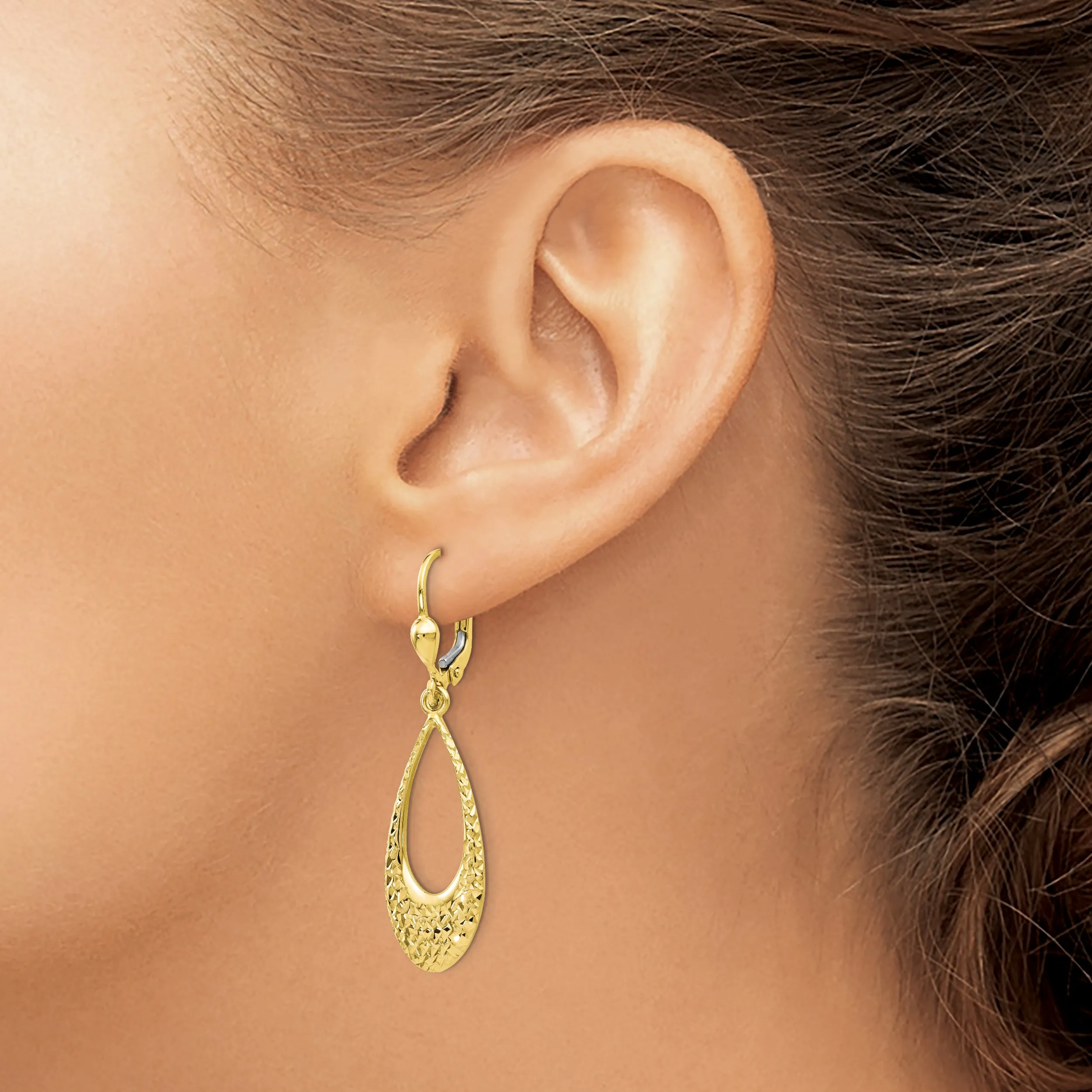 10K Gold Drop Earrings with Polished Finish & Diamond-Cut Leverback Design