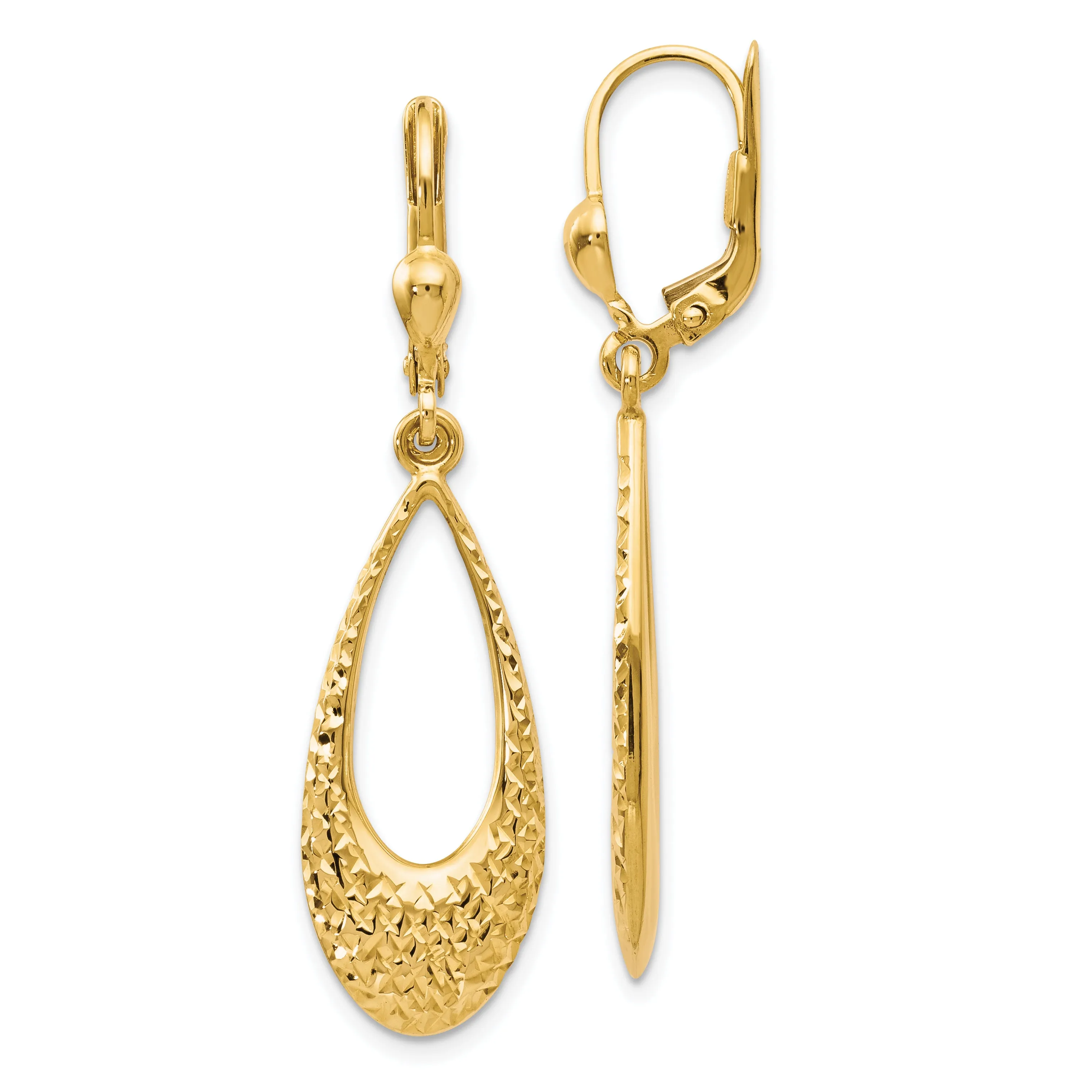 10K Gold Drop Earrings with Polished Finish & Diamond-Cut Leverback Design