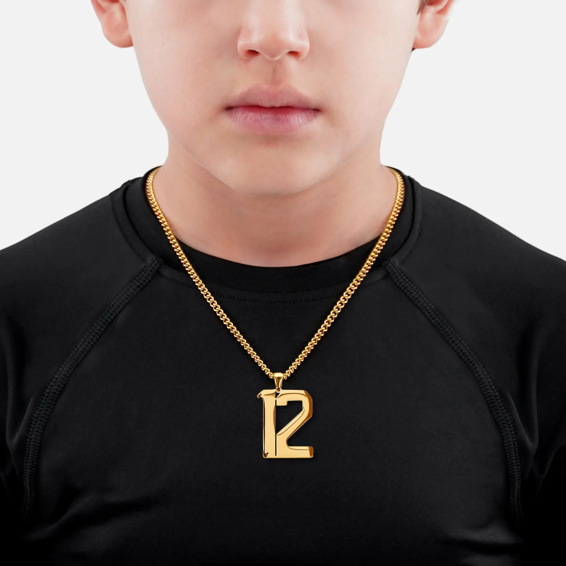 12 Number Pendant with Chain Kids Necklace - Gold Plated Stainless Steel