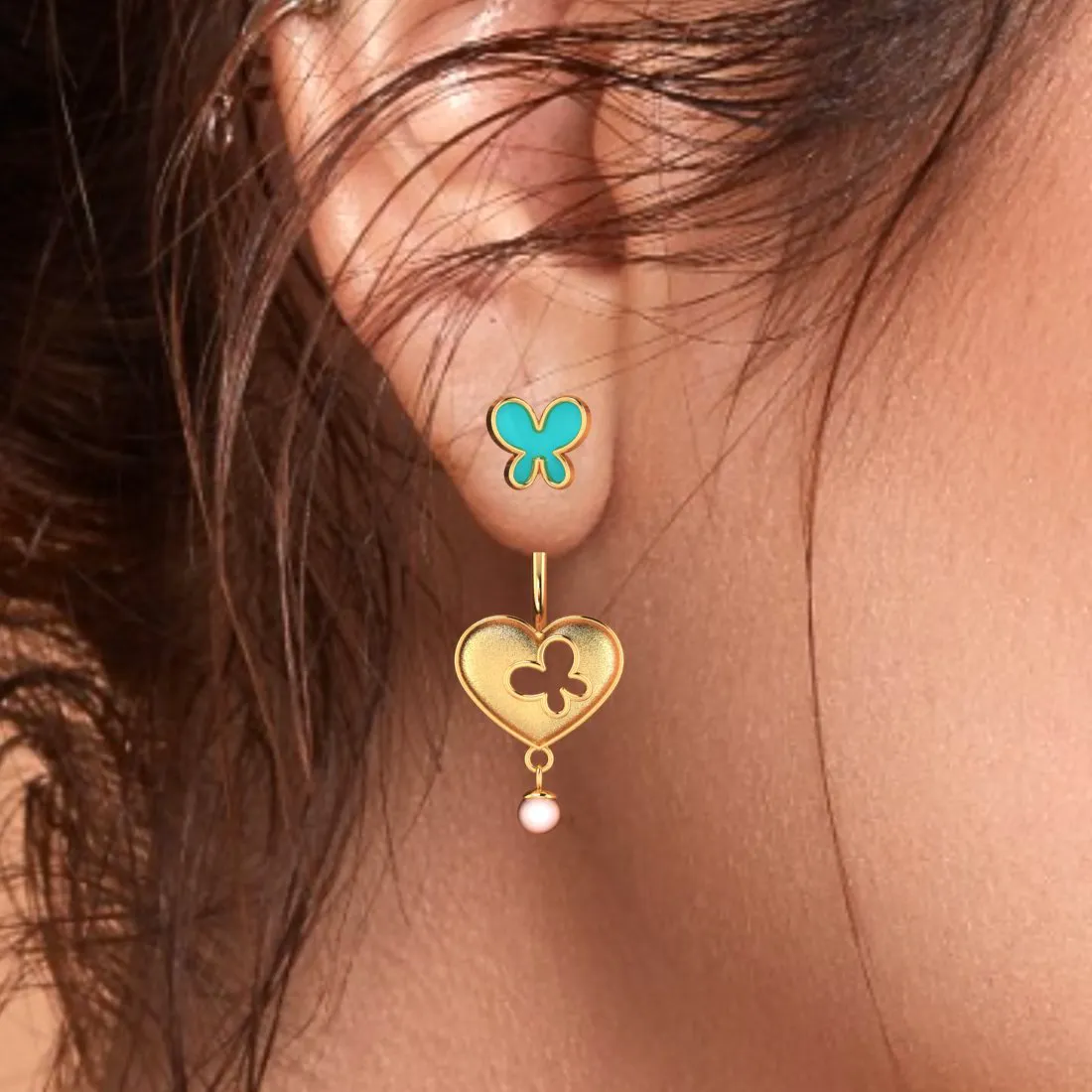 14k Heart-shaped Dangler Gold Earrings With Butterflies And Pearl Drop