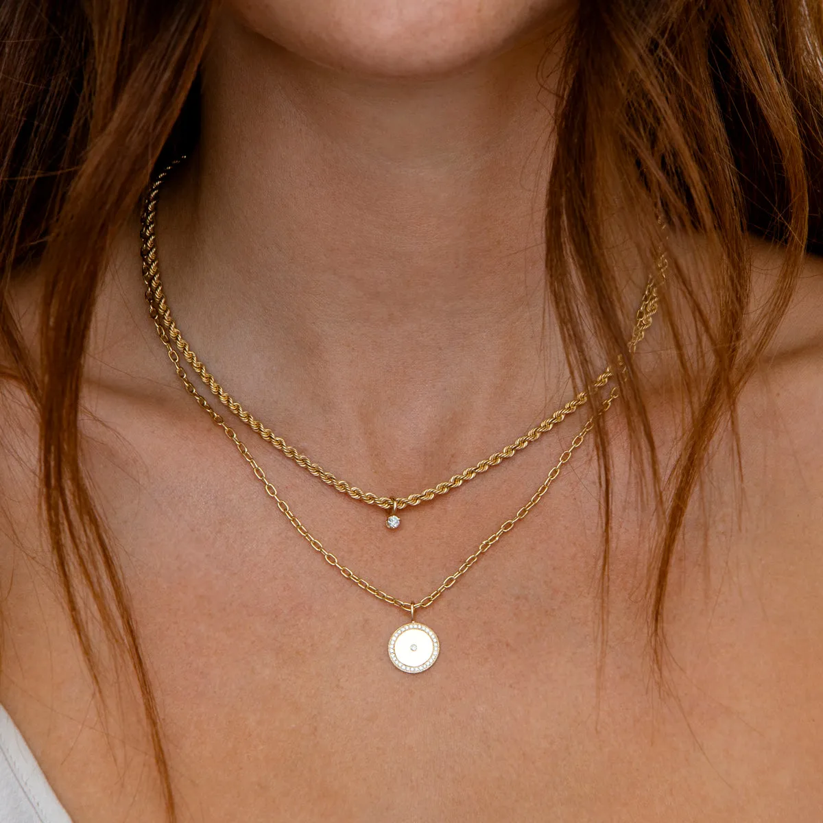 14k Medium Rope Chain Necklace with Dangling Prong Diamond