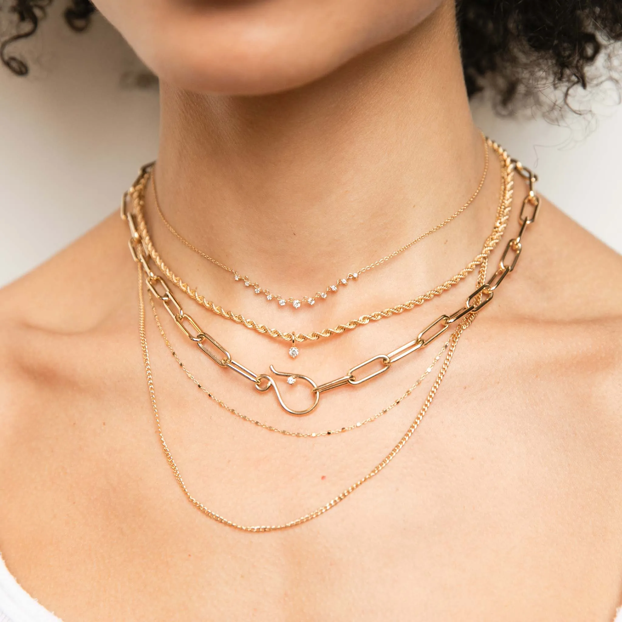 14k Medium Rope Chain Necklace with Dangling Prong Diamond