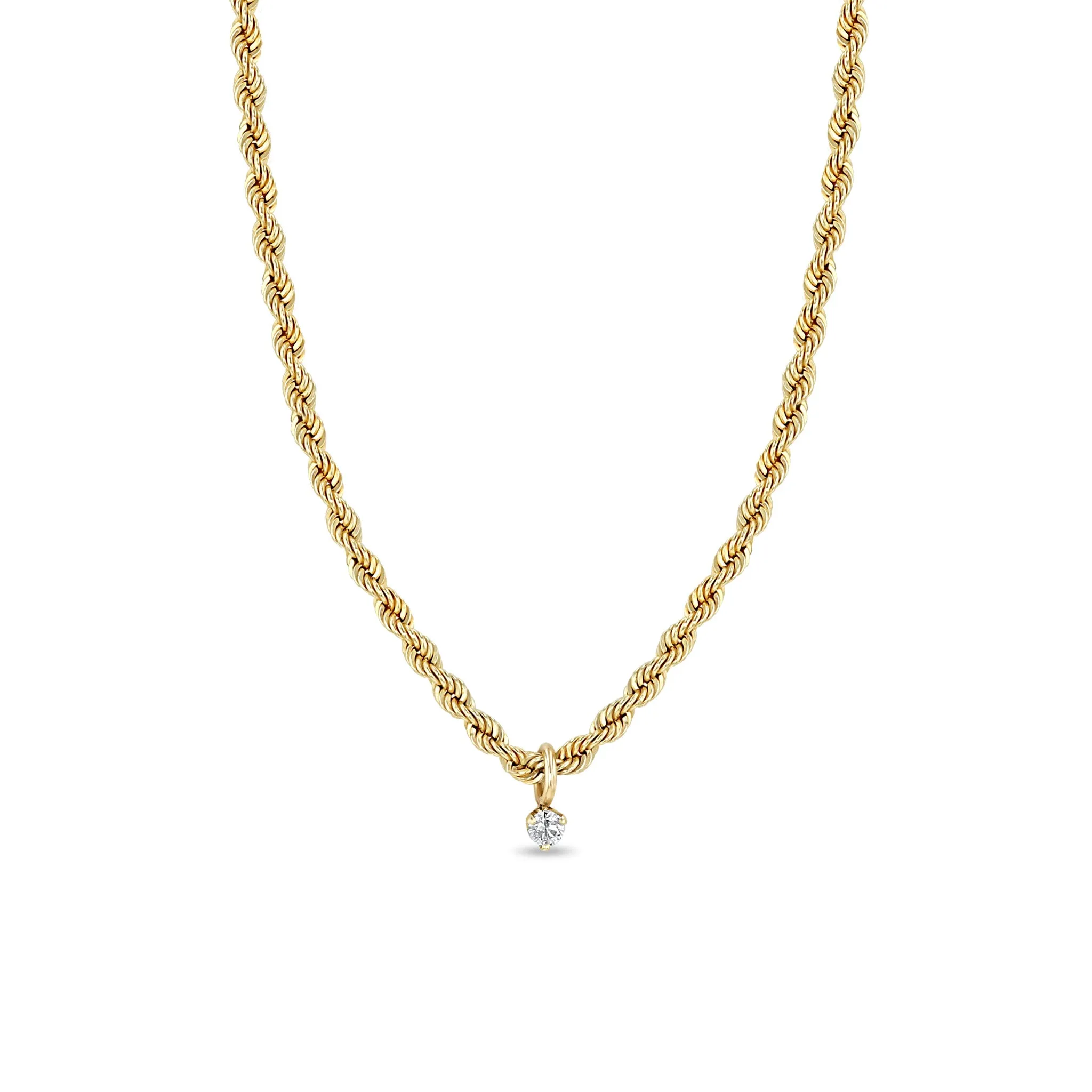 14k Medium Rope Chain Necklace with Dangling Prong Diamond