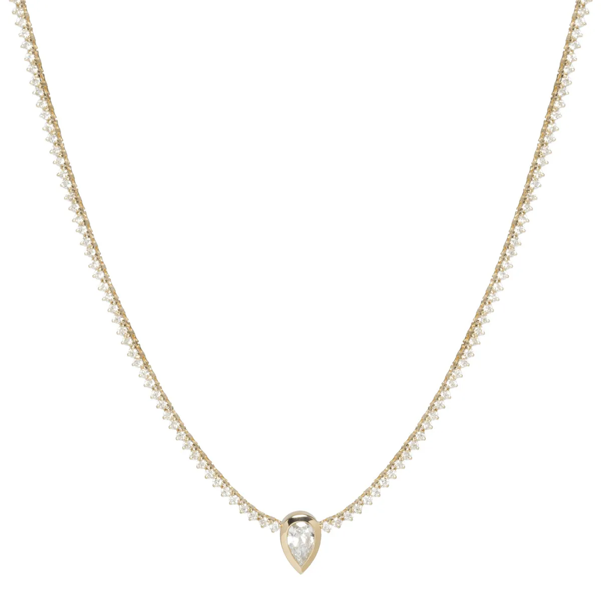 14k Prong Diamond Tennis Necklace with Pear Diamond Pendant