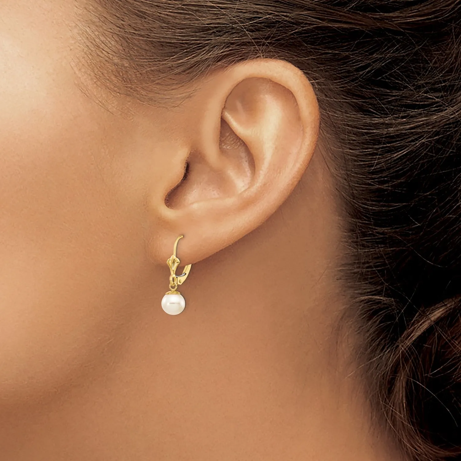 14k Real Yellow Gold 6-7mm White Round Freshwater Cultured Pearl Lever back Earrings