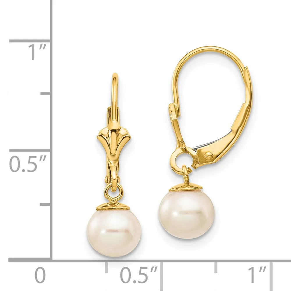 14k Real Yellow Gold 6-7mm White Round Freshwater Cultured Pearl Lever back Earrings