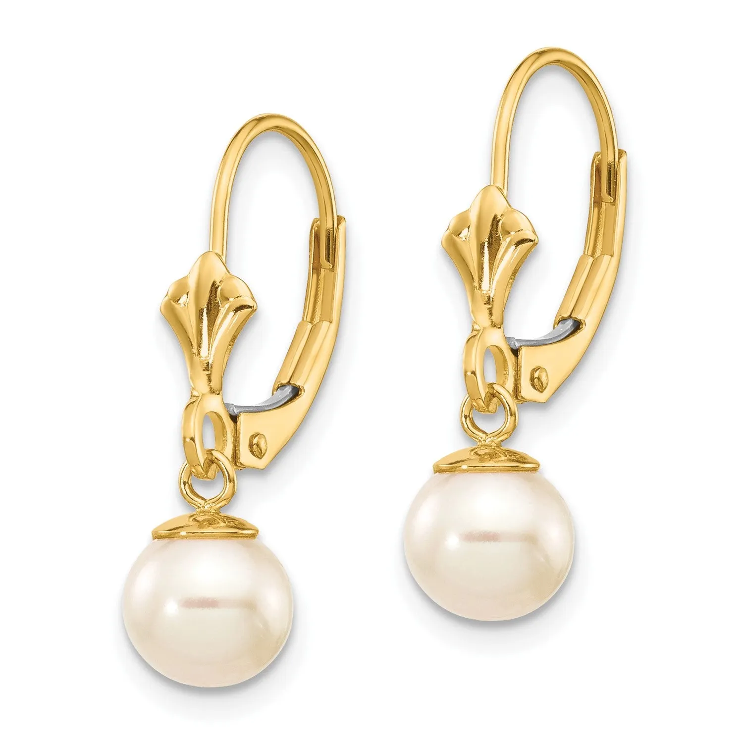 14k Real Yellow Gold 6-7mm White Round Freshwater Cultured Pearl Lever back Earrings