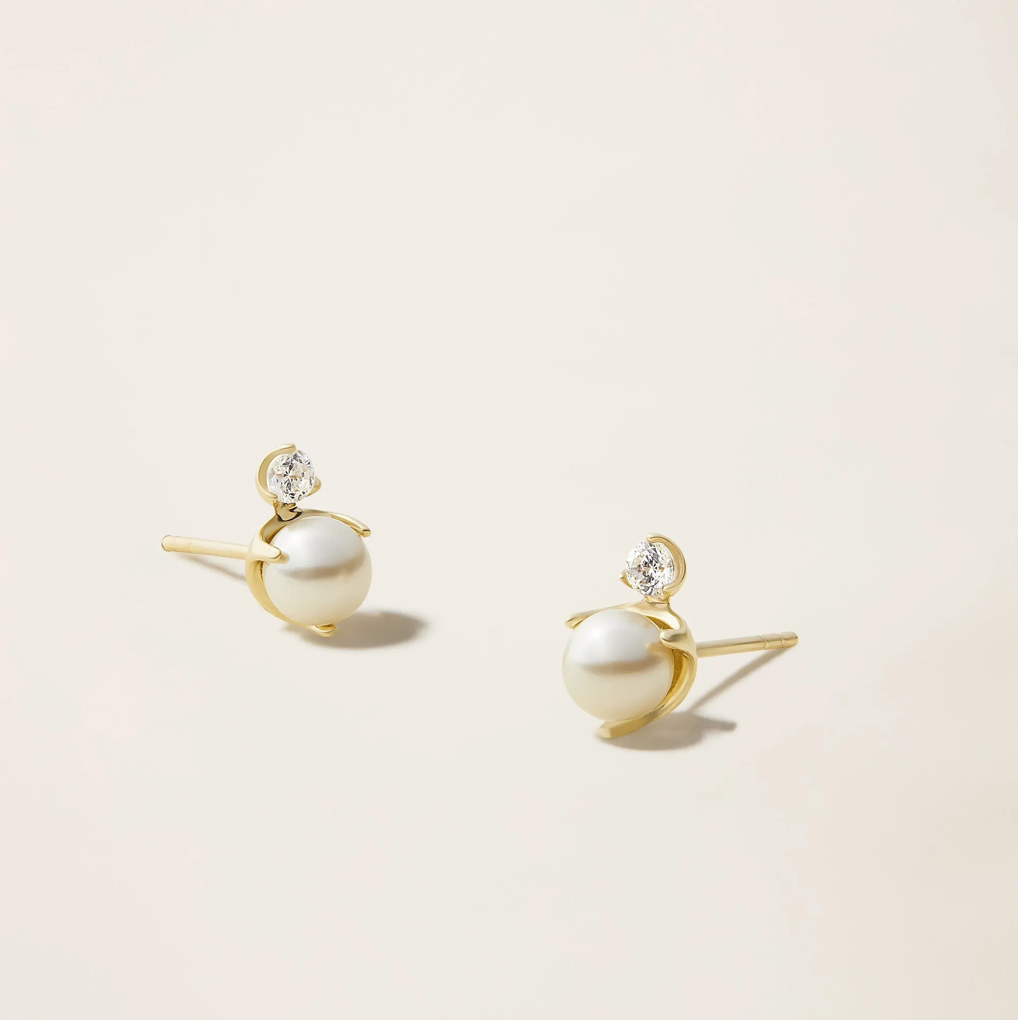 14k Solid Gold Diamond & Cultured Pearl Studs