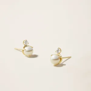 14k Solid Gold Diamond & Cultured Pearl Studs