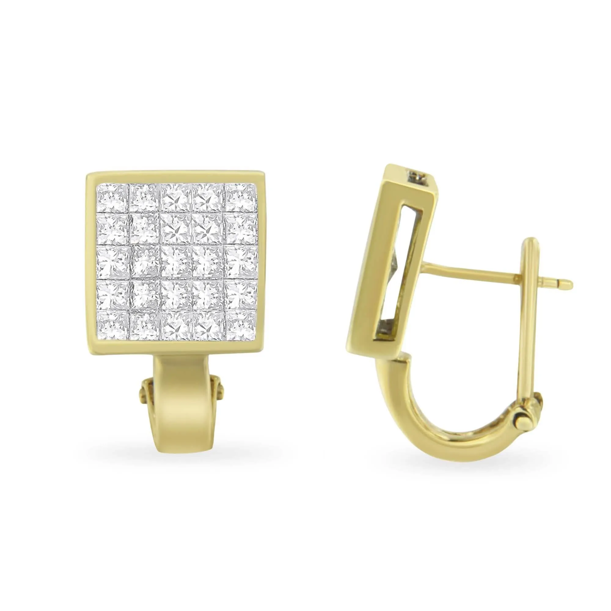 14K Yellow Gold 3.2 Cttw Princess Cut Diamond Invisible Set Huggie Earrings for Timeless Elegance
