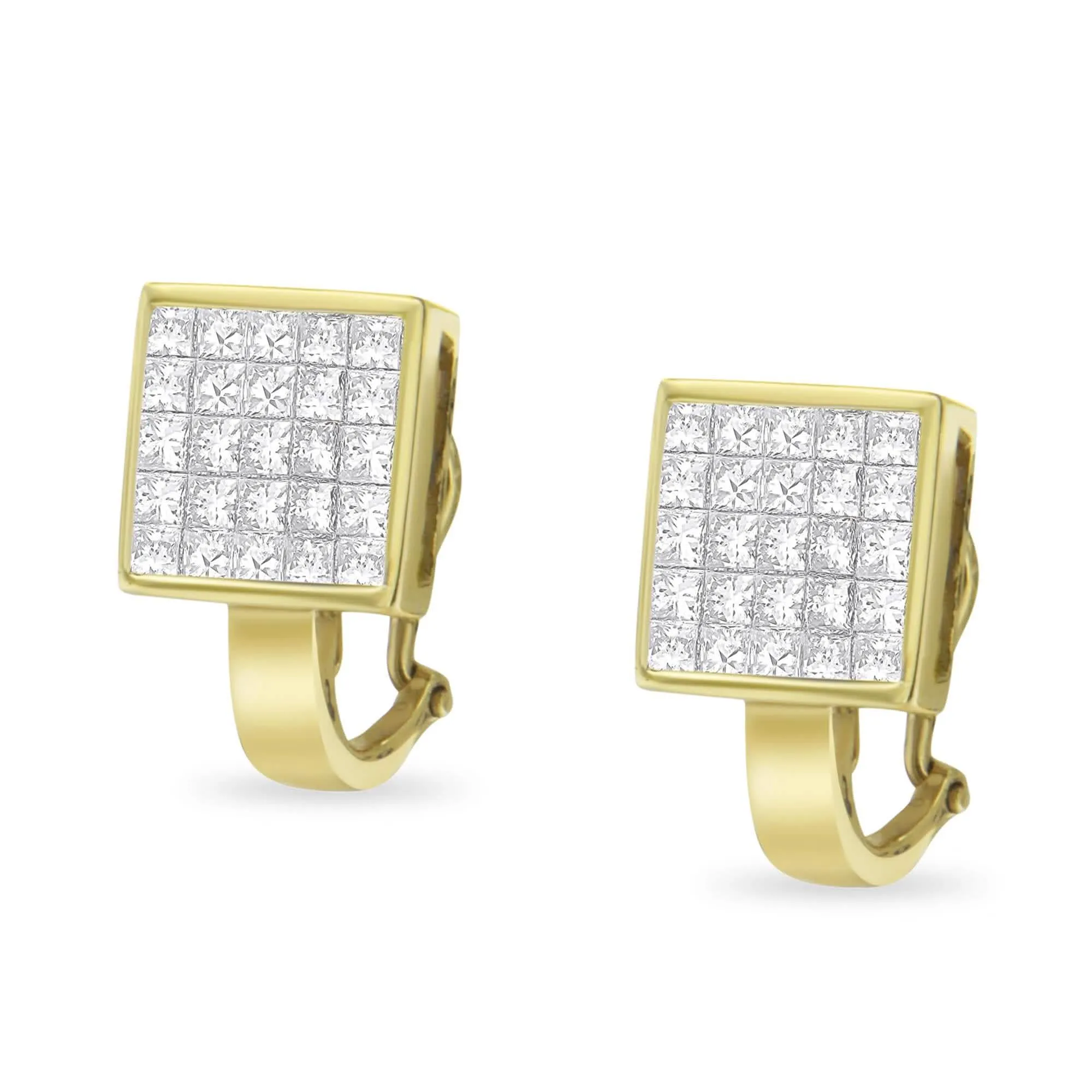 14K Yellow Gold 3.2 Cttw Princess Cut Diamond Invisible Set Huggie Earrings for Timeless Elegance