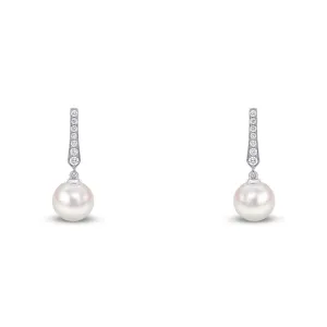 18ct White Gold Pearl and Diamond Pointed Bar Earrings