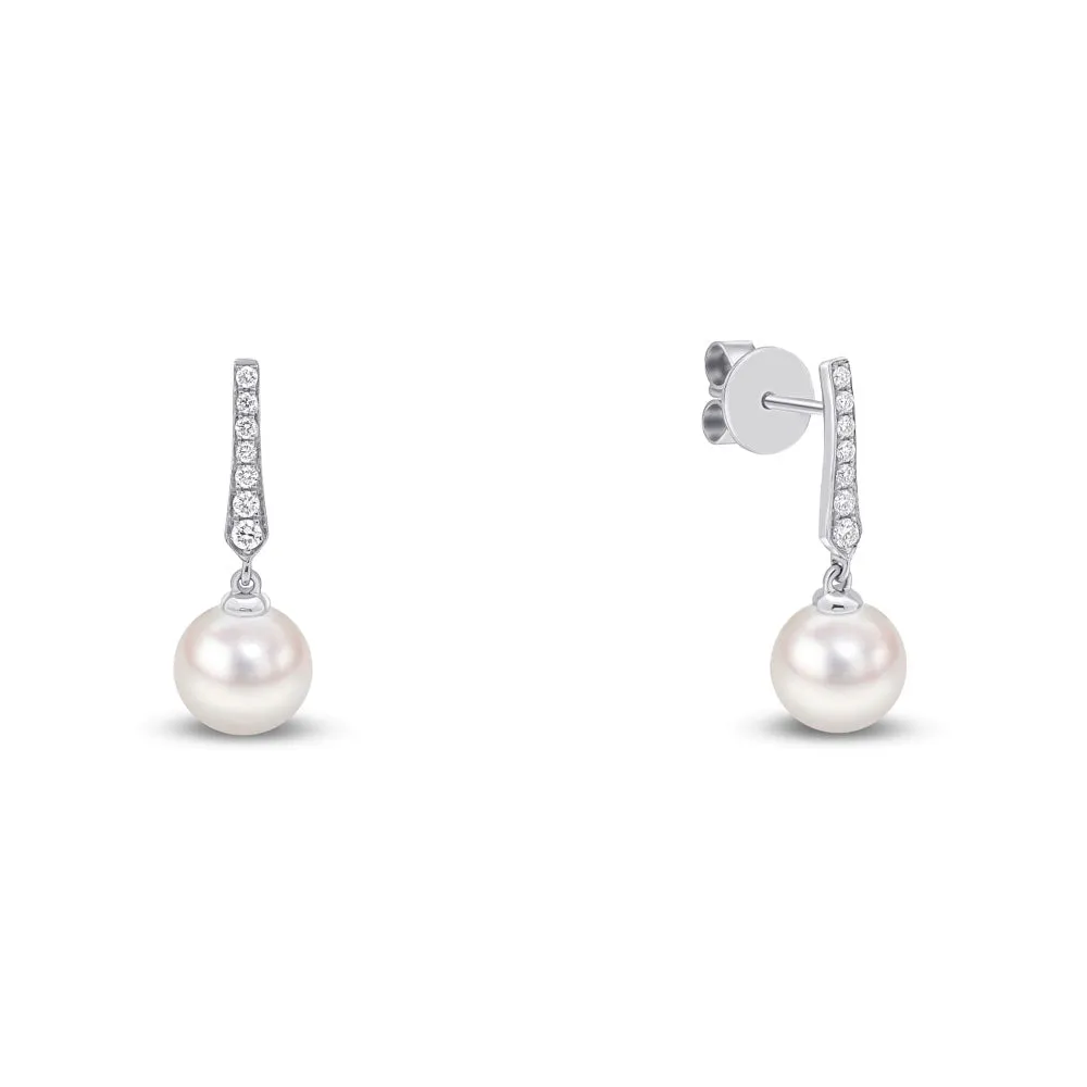 18ct White Gold Pearl and Diamond Pointed Bar Earrings