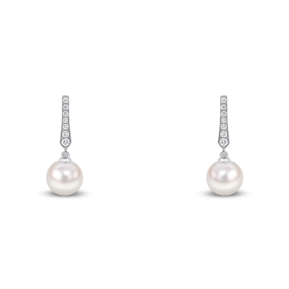 18ct White Gold Pearl and Diamond Pointed Bar Earrings