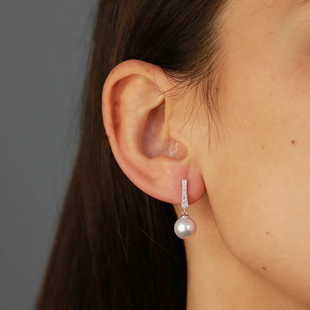 18ct White Gold Pearl and Diamond Pointed Bar Earrings