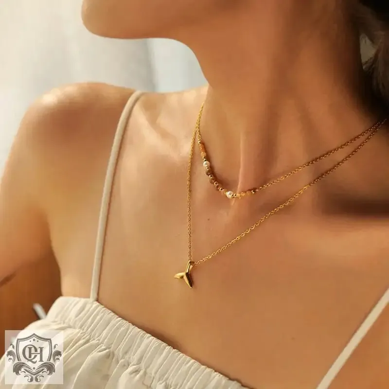 18K Gold Double Layer Fishtail Pendant Necklace