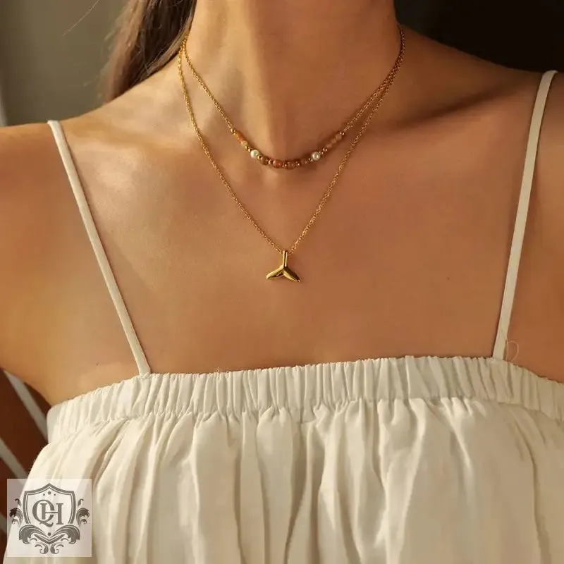 18K Gold Double Layer Fishtail Pendant Necklace