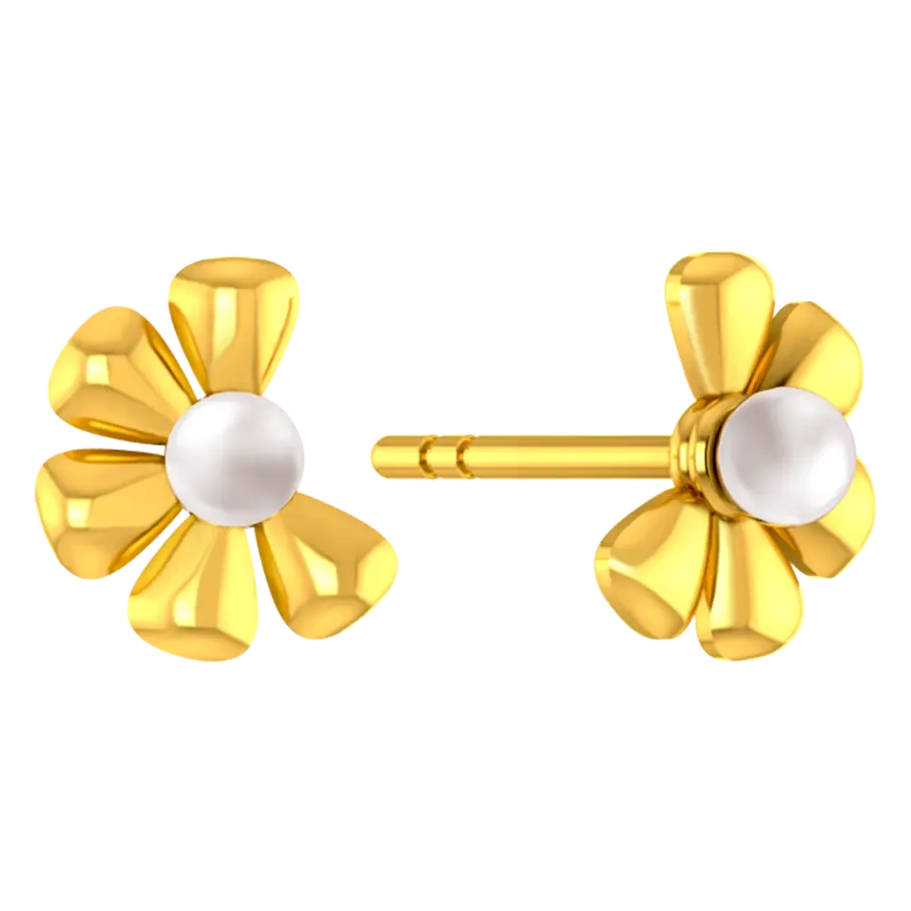 18k Gold Earrings With A Plucked Out Floral Design And A Pearl Centre