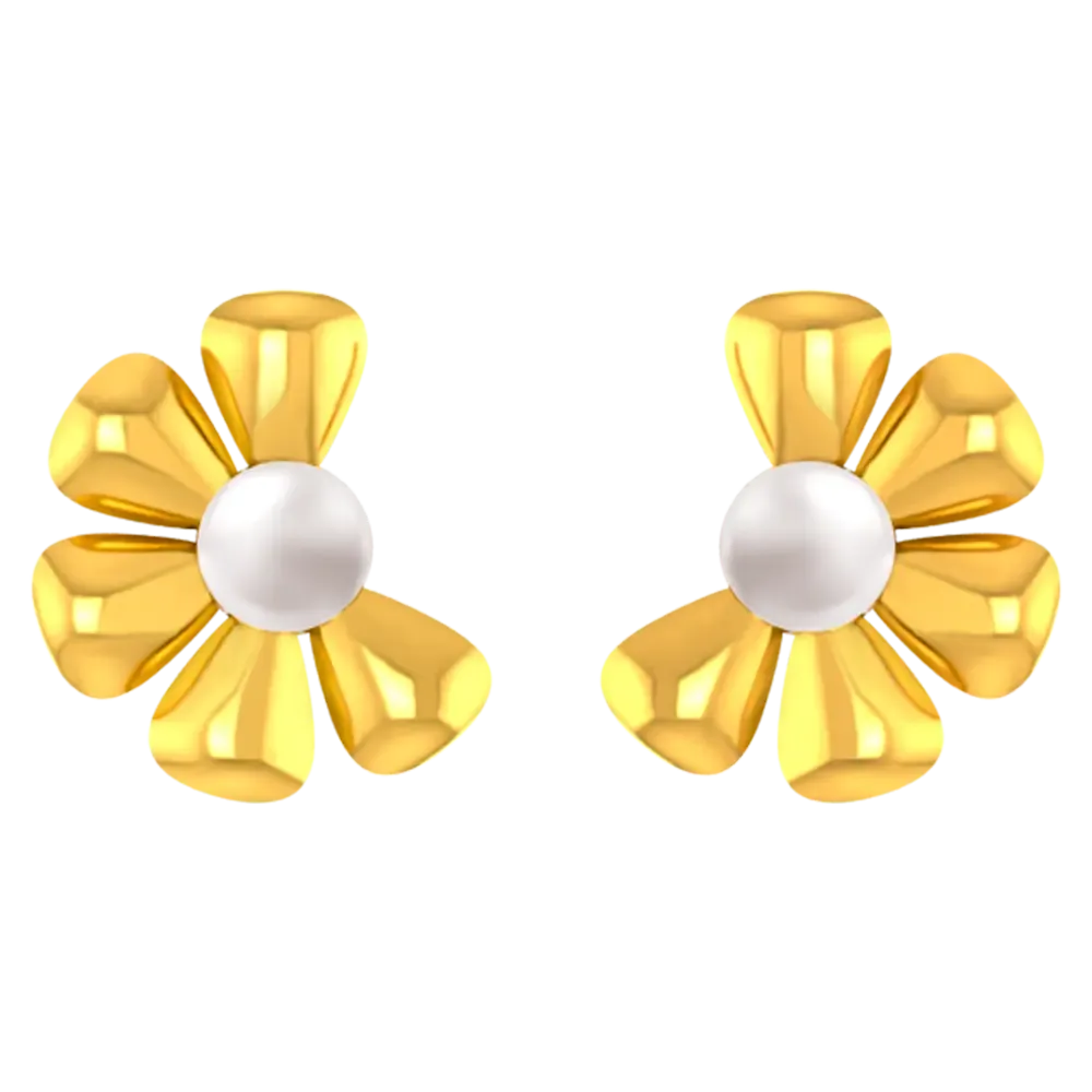 18k Gold Earrings With A Plucked Out Floral Design And A Pearl Centre
