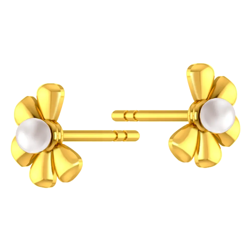 18k Gold Earrings With A Plucked Out Floral Design And A Pearl Centre