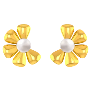 18k Gold Earrings With A Plucked Out Floral Design And A Pearl Centre