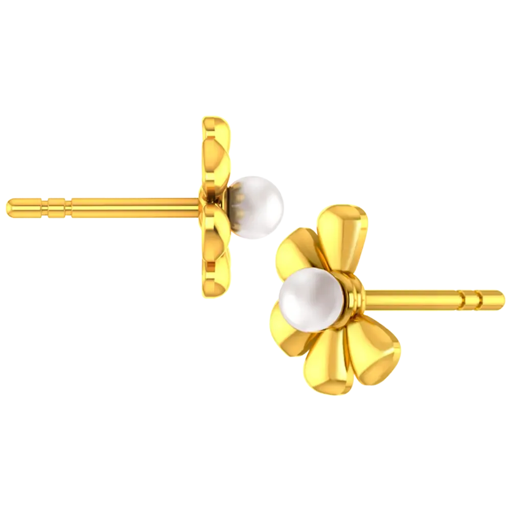 18k Gold Earrings With A Plucked Out Floral Design And A Pearl Centre