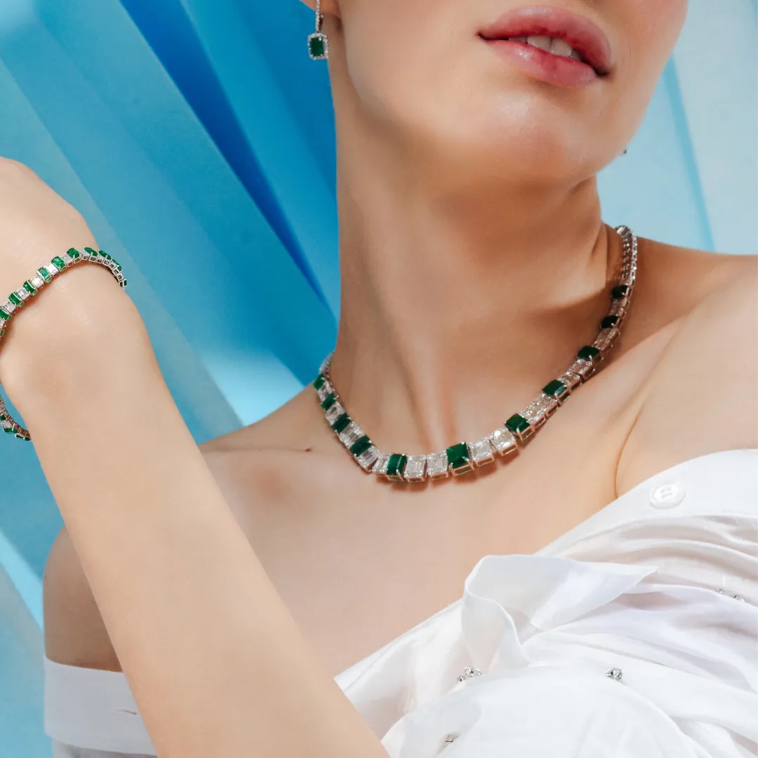 18K Gold Emerald & Diamond Tennis Necklace