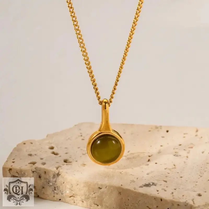 18K Gold Opulent Olive Green Opal Pendant Necklace