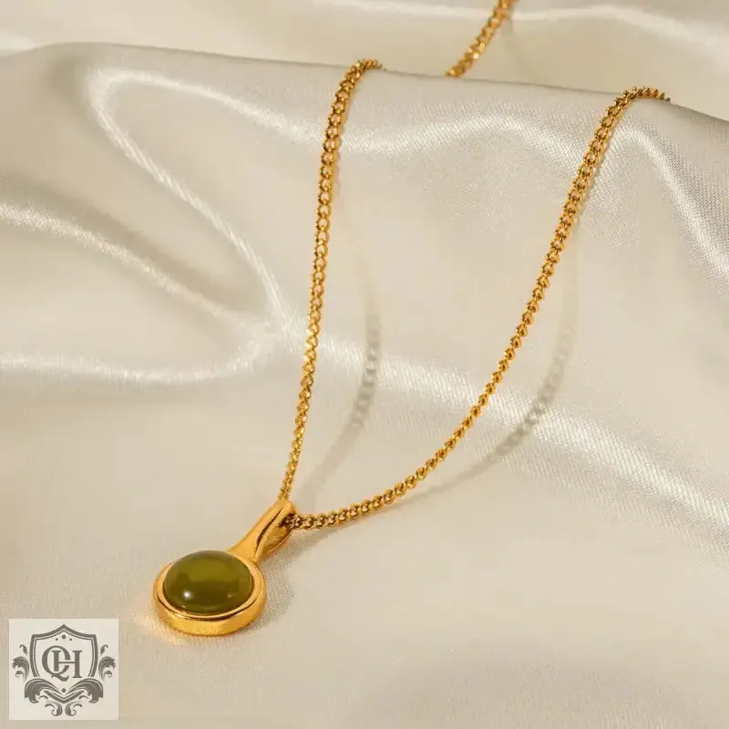 18K Gold Opulent Olive Green Opal Pendant Necklace