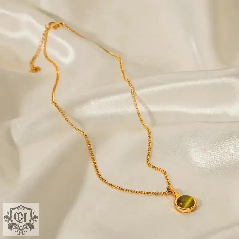 18K Gold Opulent Olive Green Opal Pendant Necklace