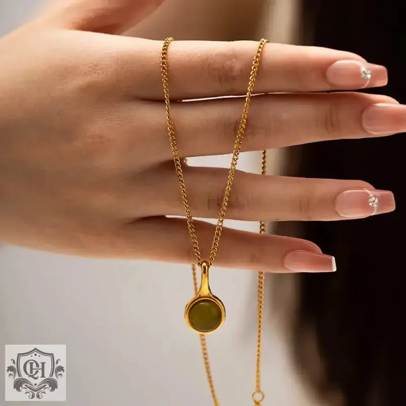 18K Gold Opulent Olive Green Opal Pendant Necklace