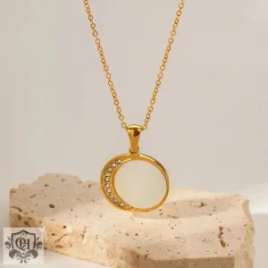 18K Gold Shell Sun and Zircon Moon Necklace