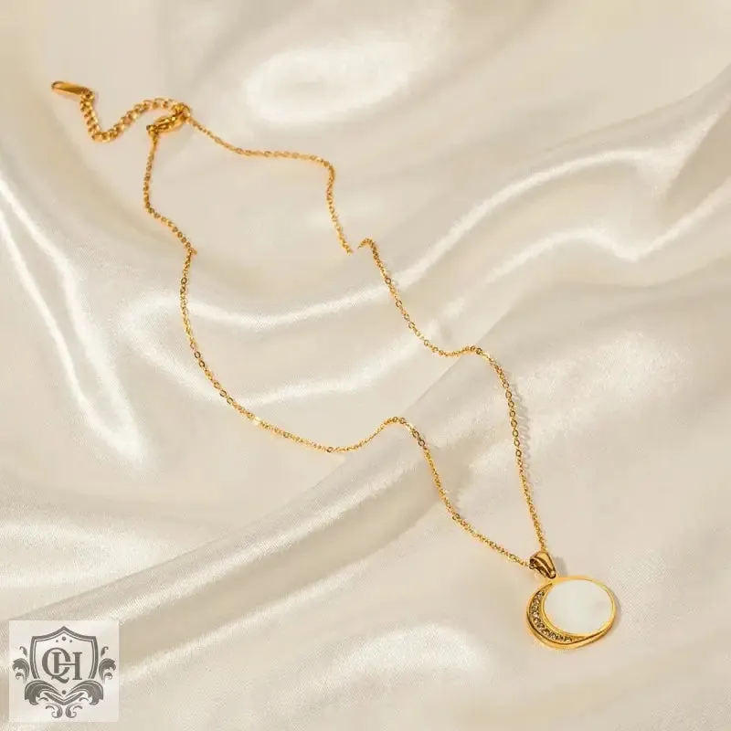 18K Gold Shell Sun and Zircon Moon Necklace