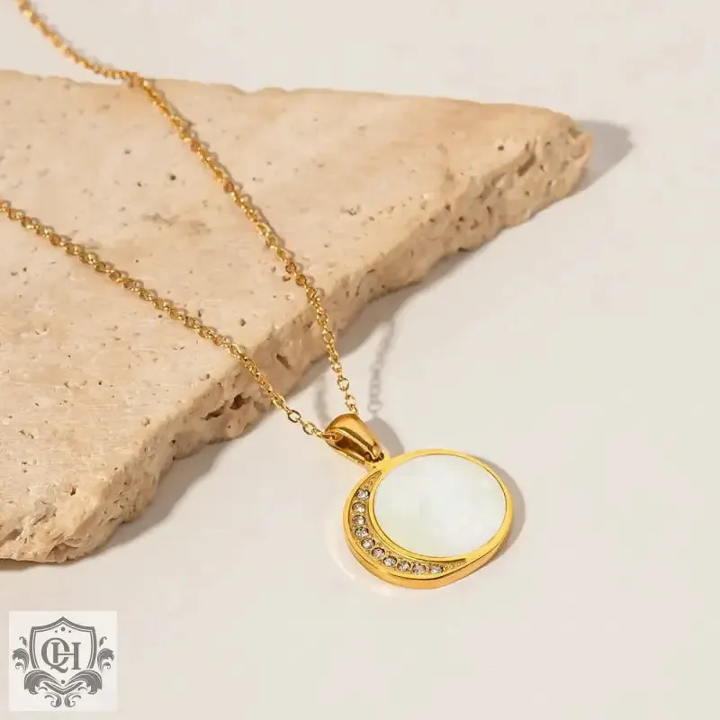 18K Gold Shell Sun and Zircon Moon Necklace