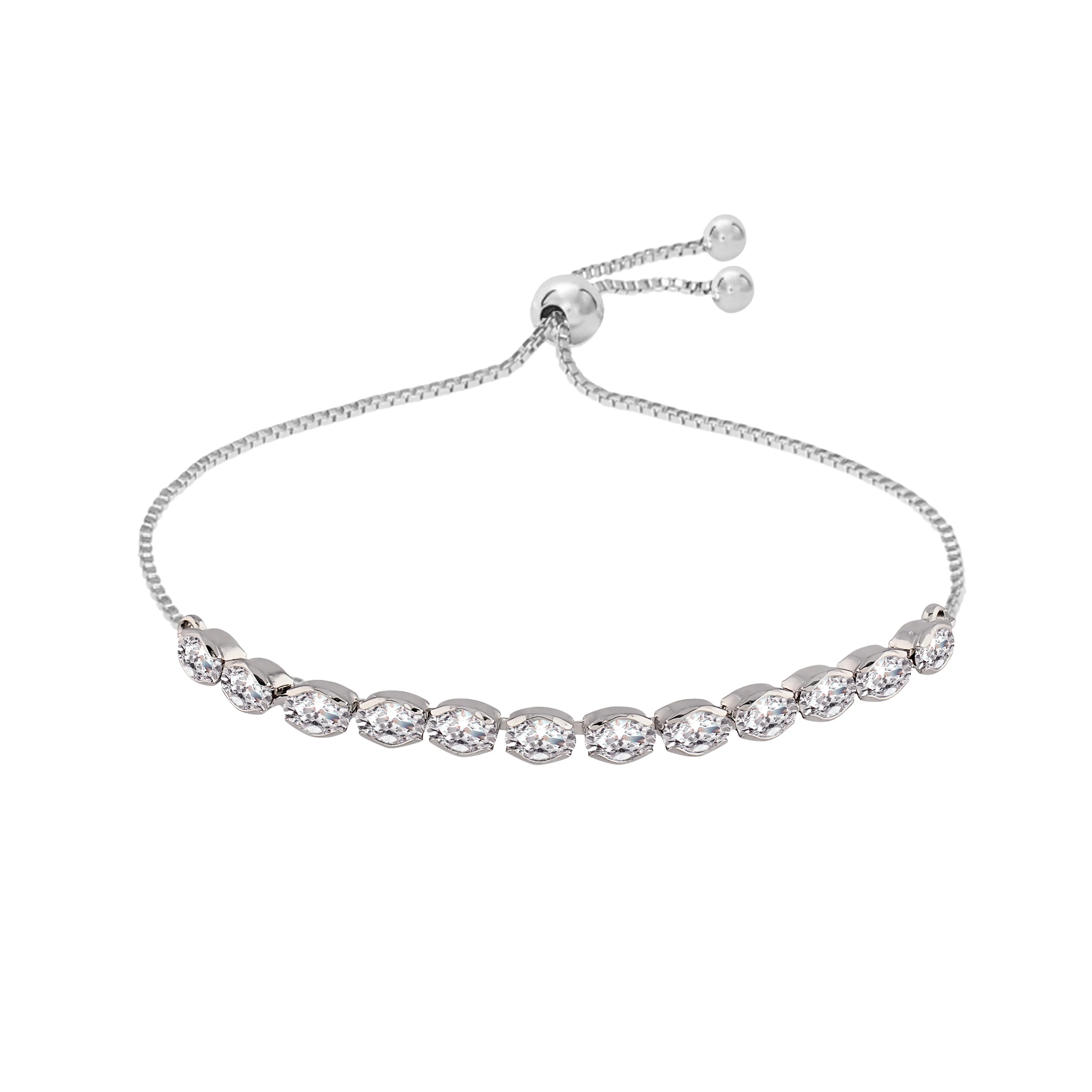 18k Rhodium Plated Cubic Zirconia Adjustable Bracelet Jewellery with Pull-Chain for Women & Girls - Wahe Jewels