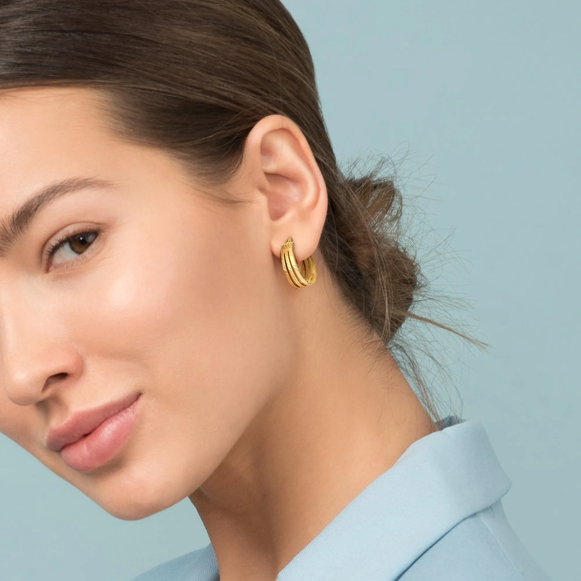 19 MM Triple Row Textured Hoop Earrings in 14K Yellow Gold