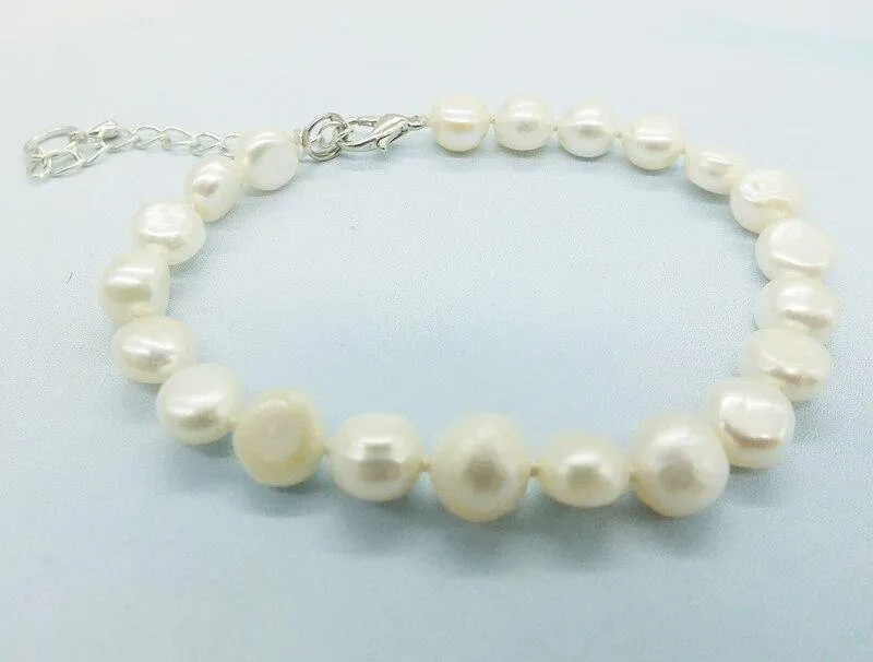 1PCS  8 9MMAAA Natural Baroque White Pearl Bracelets, Adjustable
