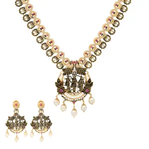 22K Antique Gold, Ruby, Pearl & CZ Temple Jewelry Set (69.4gm)