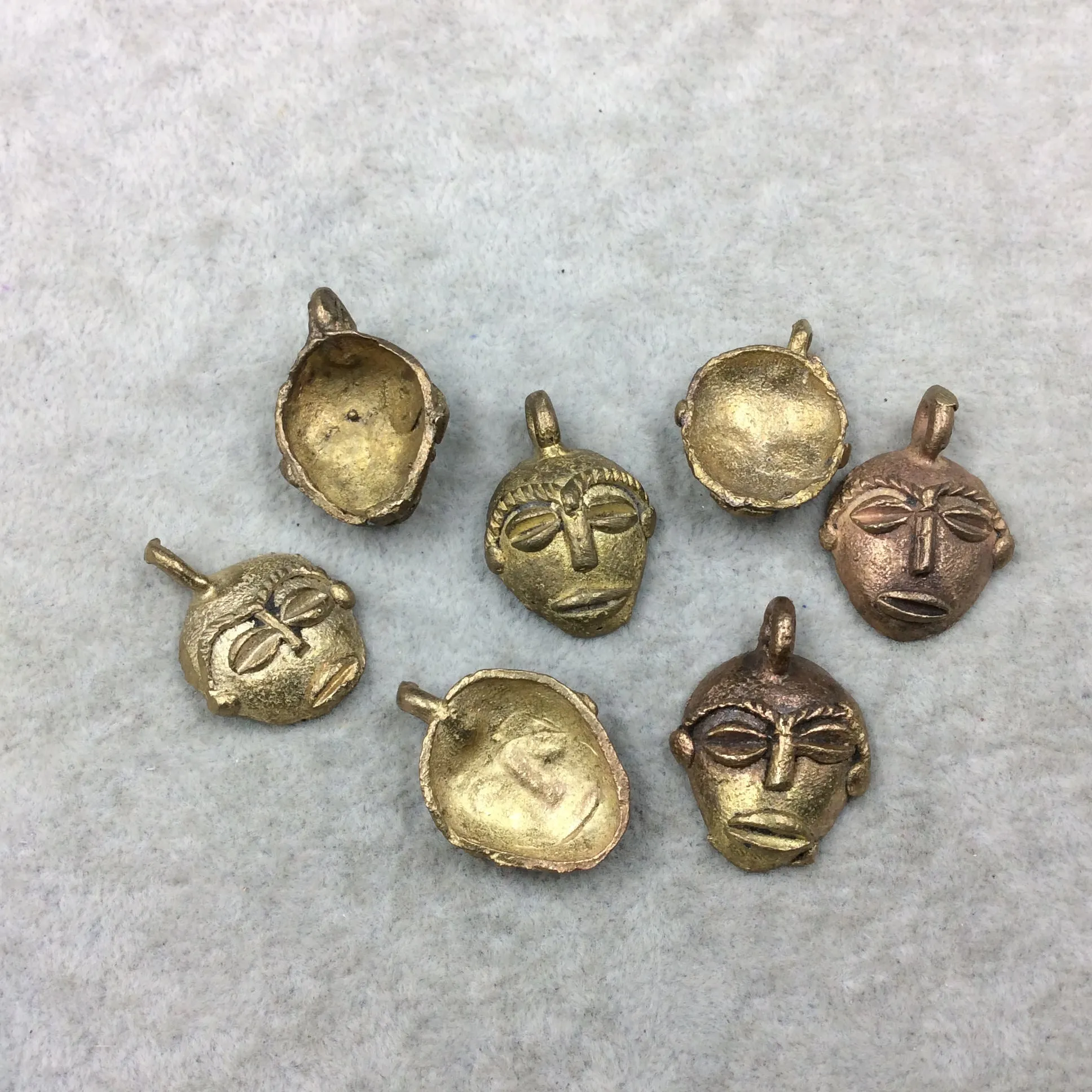 22mm-25mm Hand Made Oxidized Copper/Brass Plated Very Rustic African/Tribal Mask Pendant From Ghana with Attached Ring And Hollow Back  -