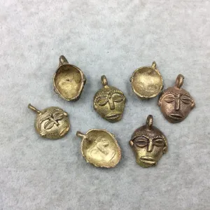 22mm-25mm Hand Made Oxidized Copper/Brass Plated Very Rustic African/Tribal Mask Pendant From Ghana with Attached Ring And Hollow Back  -