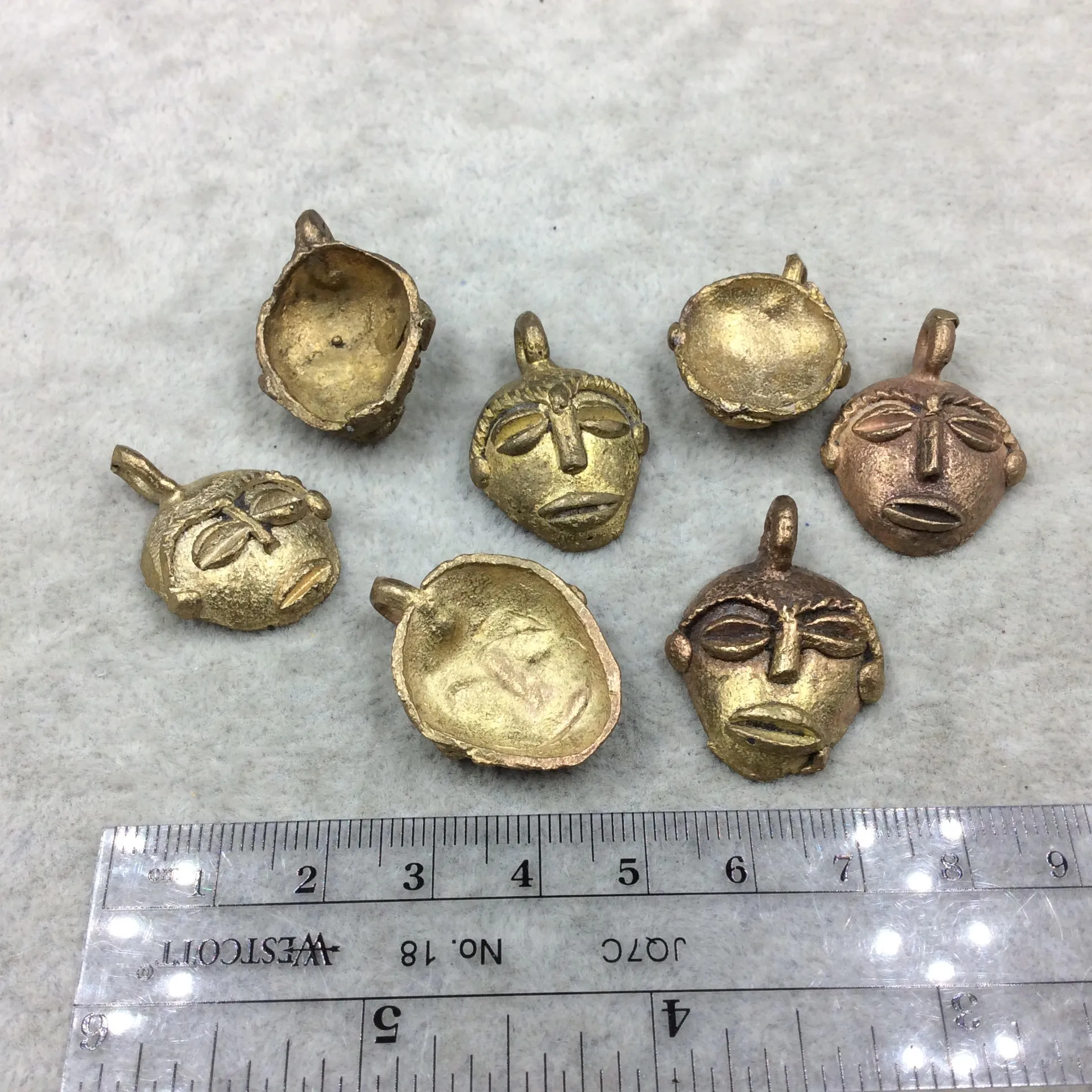 22mm-25mm Hand Made Oxidized Copper/Brass Plated Very Rustic African/Tribal Mask Pendant From Ghana with Attached Ring And Hollow Back  -