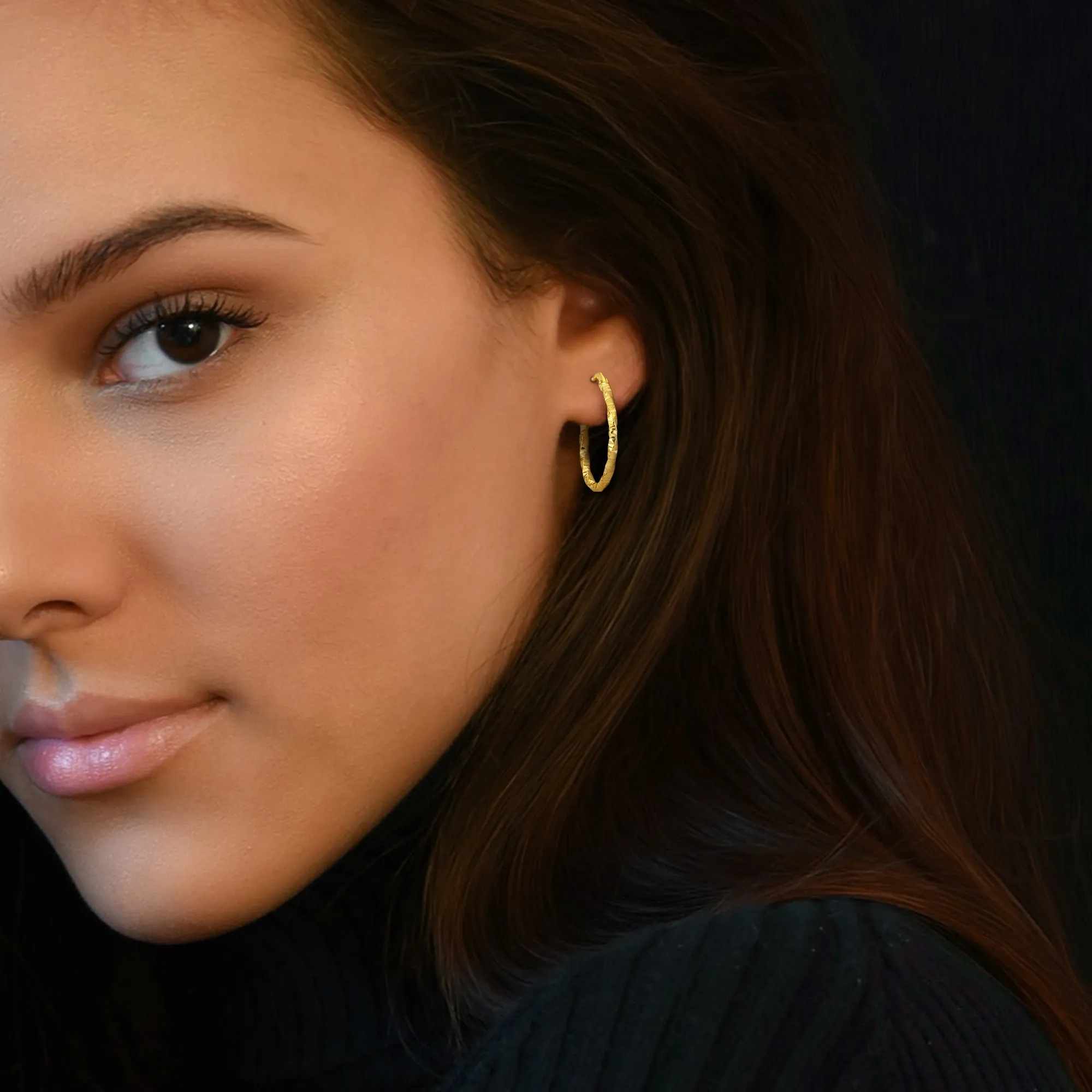 24 MM Oval Twisted and Textured Hoop Earrings in 14K Yellow Gold